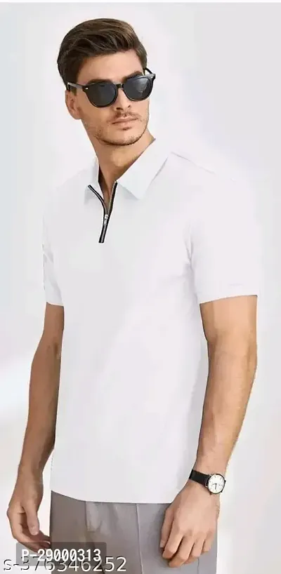Trendy White Cotton Blend Solid Zipper Polos For Men-thumb3