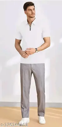 Trendy White Cotton Blend Solid Zipper Polos For Men-thumb1