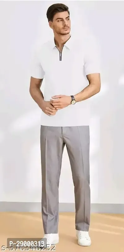Trendy White Cotton Blend Solid Zipper Polos For Men-thumb2