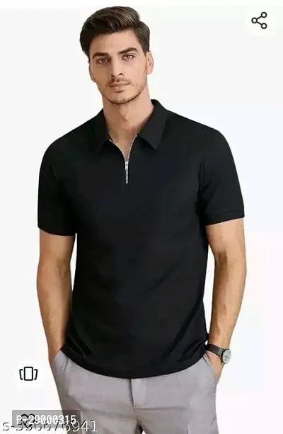 Trendy Black Cotton Blend Solid Zipper Polos For Men
