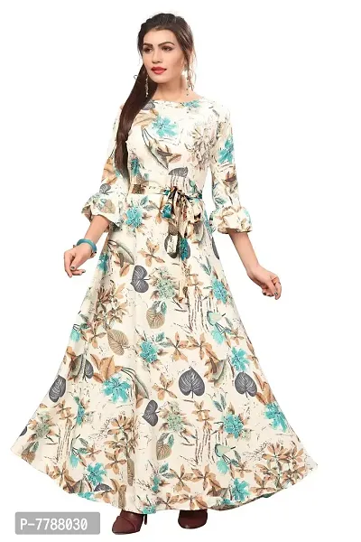 Woman's Off-White Color Crepe 3/4 Flared Sleeve Floor Length Anarkali Gown