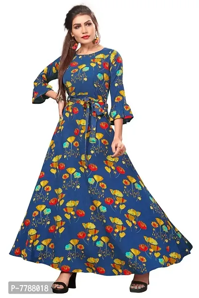 Woman's Multicolor Crepe 3/4 Flared Sleeve Floor Length Anarkali Gown