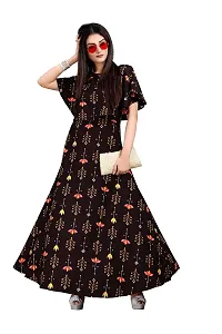 Hiva Trendz Brown Crepe Floral Printed  Cape Ruffle Sleeves Anarkali Gown(Gown189)-thumb4