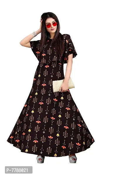 Hiva Trendz Brown Crepe Floral Printed  Cape Ruffle Sleeves Anarkali Gown(Gown189)-thumb5