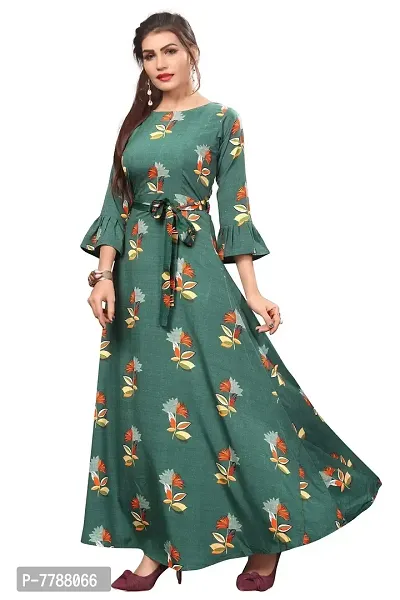 Woman's Green Color Crepe 3/4 Flared Sleeve Floor Length Anarkali Gown-thumb4