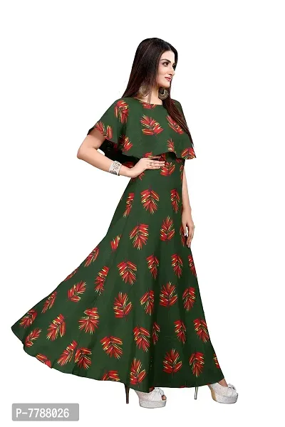 Hiva Trendz Green Crepe Floral Printed  Cape Ruffle Sleeves Anarkali Gown(Gown182)-thumb3