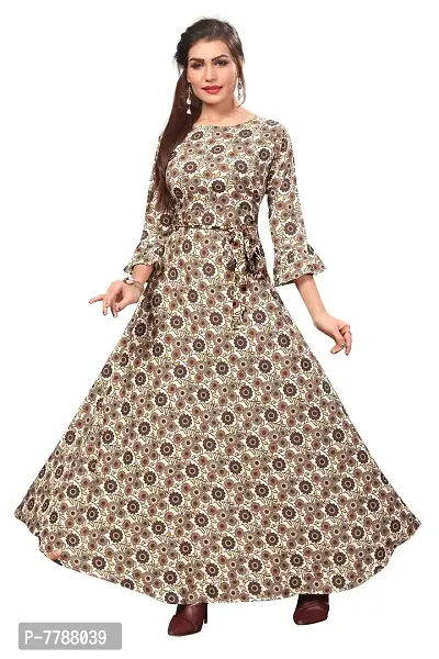 Woman's Brown Color Crepe 3/4 Flared Sleeve Floor Length Anarkali Gown