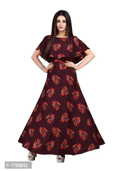 Hiva Trendz Maroon Crepe Floral Printed  Cape Ruffle Sleeves Anarkali Gown(Gown184)