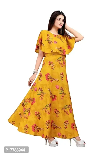 Hiva Trendz Yellow Crepe Floral Printed  Cape Ruffle Sleeves Anarkali Gown(Gown183-M)-thumb3