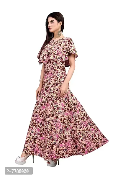 Hiva Trendz Beige Crepe Floral Printed  Cape Ruffle Sleeves Anarkali Gown(Gown185)-thumb4