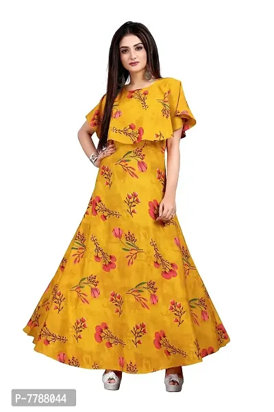 Hiva Trendz Yellow Crepe Floral Printed  Cape Ruffle Sleeves Anarkali Gown(Gown183-M)-thumb0