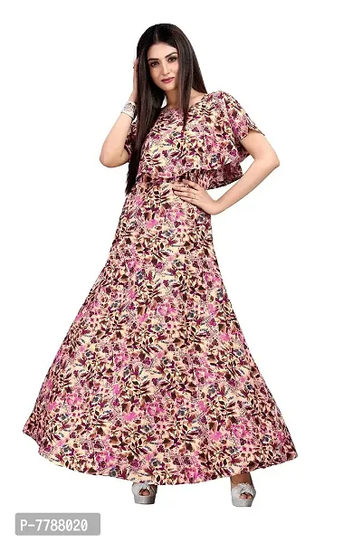 Hiva Trendz Beige Crepe Floral Printed  Cape Ruffle Sleeves Anarkali Gown(Gown185)-thumb5