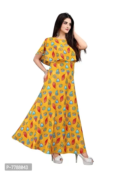 Hiva Trendz Yellow Crepe Floral Printed  Cape Ruffle Sleeves Anarkali Gown(Gown181)-thumb3