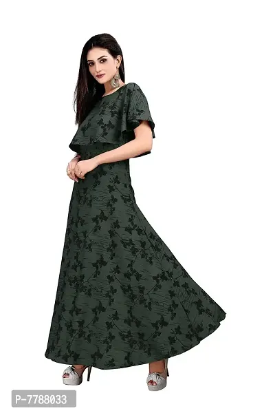 Hiva Trendz Green Crepe Floral Printed  Cape Ruffle Sleeves Anarkali Gown(Gown186)-thumb3