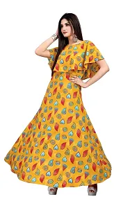Hiva Trendz Yellow Crepe Floral Printed  Cape Ruffle Sleeves Anarkali Gown(Gown181)-thumb3