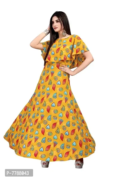 Hiva Trendz Yellow Crepe Floral Printed  Cape Ruffle Sleeves Anarkali Gown(Gown181)-thumb4