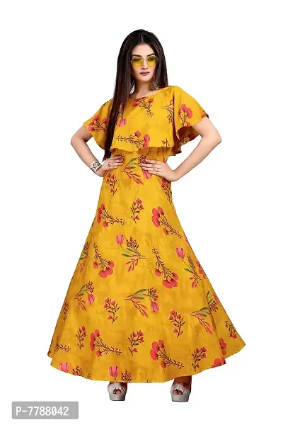 Hiva Trendz Yellow Crepe Floral Printed  Cape Ruffle Sleeves Anarkali Gown(Gown183)-thumb5