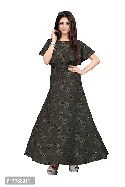 Hiva Trendz Grey Crepe Floral Printed  Cape Ruffle Sleeves Anarkali Gown(Gown-190)