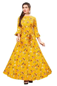 Woman's Yellow Color Crepe 3/4 Flared Sleeve Floor Length Anarkali Gown-thumb3