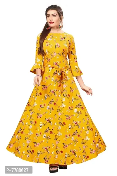 Woman's Yellow Color Crepe 3/4 Flared Sleeve Floor Length Anarkali Gown-thumb4