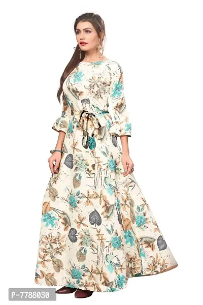 Woman's Off-White Color Crepe 3/4 Flared Sleeve Floor Length Anarkali Gown-thumb3