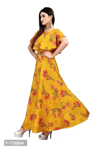 Hiva Trendz Yellow Crepe Floral Printed  Cape Ruffle Sleeves Anarkali Gown(Gown183-M)-thumb4