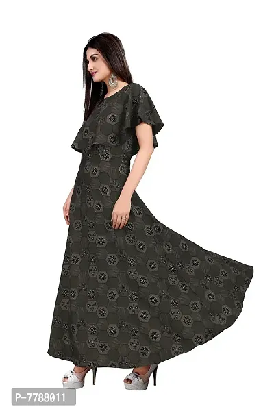 Hiva Trendz Grey Crepe Floral Printed  Cape Ruffle Sleeves Anarkali Gown(Gown-190)-thumb4