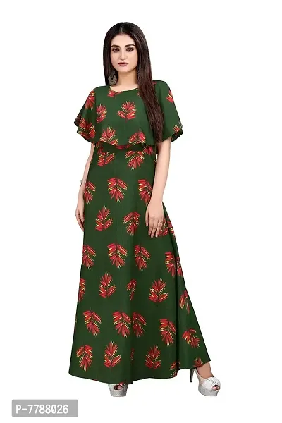 Hiva Trendz Green Crepe Floral Printed  Cape Ruffle Sleeves Anarkali Gown(Gown182)