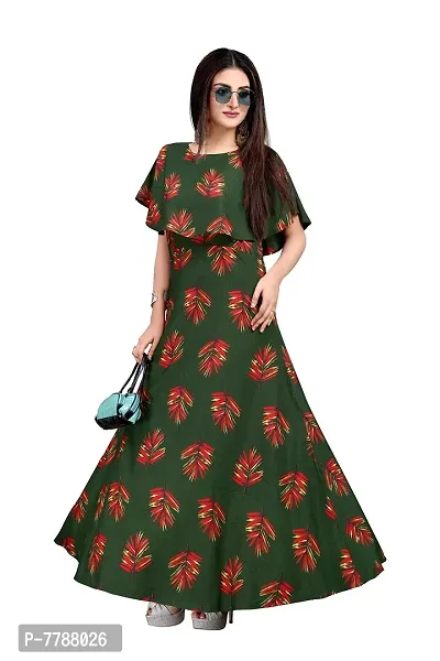 Hiva Trendz Green Crepe Floral Printed  Cape Ruffle Sleeves Anarkali Gown(Gown182)-thumb5