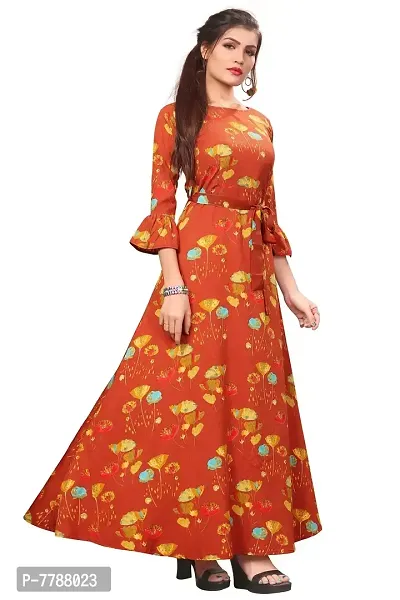 Woman's Orange Color Crepe 3/4 Flared Sleeve Floor Length Anarkali Gown-thumb3