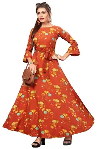 Woman's Orange Color Crepe 3/4 Flared Sleeve Floor Length Anarkali Gown-thumb3