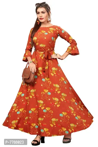 Woman's Orange Color Crepe 3/4 Flared Sleeve Floor Length Anarkali Gown-thumb4