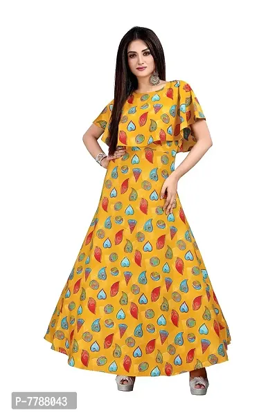 Hiva Trendz Yellow Crepe Floral Printed  Cape Ruffle Sleeves Anarkali Gown(Gown181)