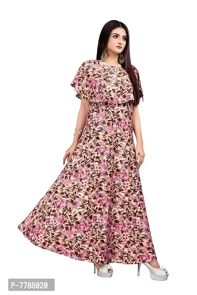 Hiva Trendz Beige Crepe Floral Printed  Cape Ruffle Sleeves Anarkali Gown(Gown185)-thumb3