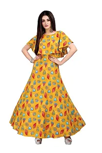 Hiva Trendz Yellow Crepe Floral Printed  Cape Ruffle Sleeves Anarkali Gown(Gown181)-thumb4