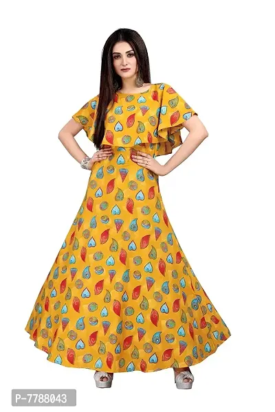 Hiva Trendz Yellow Crepe Floral Printed  Cape Ruffle Sleeves Anarkali Gown(Gown181)-thumb5
