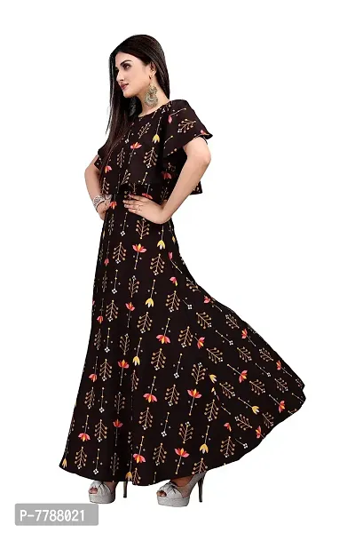 Hiva Trendz Brown Crepe Floral Printed  Cape Ruffle Sleeves Anarkali Gown(Gown189)-thumb4