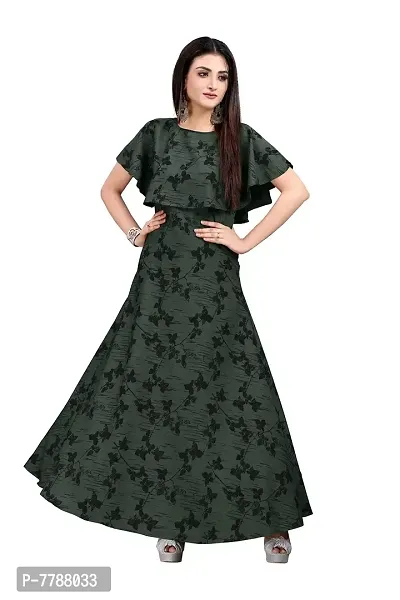 Hiva Trendz Green Crepe Floral Printed  Cape Ruffle Sleeves Anarkali Gown(Gown186)
