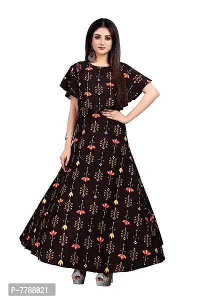 Hiva Trendz Brown Crepe Floral Printed  Cape Ruffle Sleeves Anarkali Gown(Gown189)