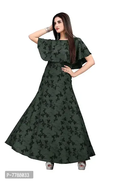 Hiva Trendz Green Crepe Floral Printed  Cape Ruffle Sleeves Anarkali Gown(Gown186)-thumb4