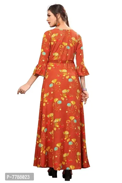 Woman's Orange Color Crepe 3/4 Flared Sleeve Floor Length Anarkali Gown-thumb2