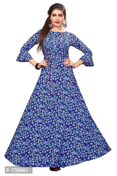 Woman's Blue Color Crepe 3/4 Flared Sleeve Floor Length Anarkali Gown