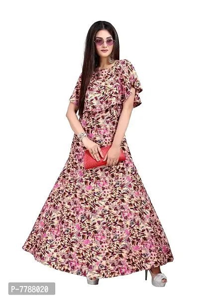 Hiva Trendz Beige Crepe Floral Printed  Cape Ruffle Sleeves Anarkali Gown(Gown185)-thumb0