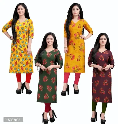 Women's Printed Full-Stitched Crepe Straight Kurti (Combo Pack Of 4)-thumb0