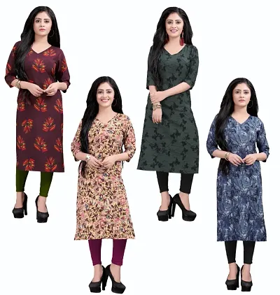 Women's Full-Stitched Crepe Straight Kurti (Combo Pack Of 4)