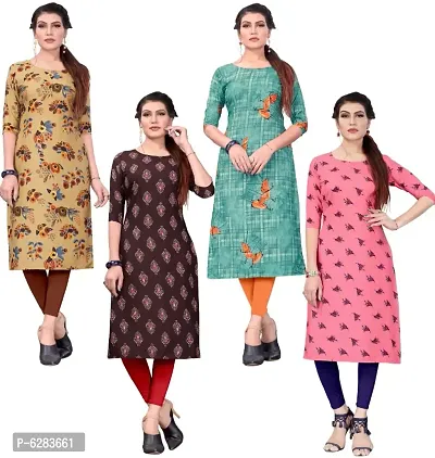 Womens Printed Crepe Straight Cut Kurti (Combo Pack Of 4)