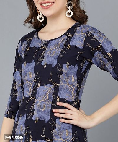 Navy Blue Crepe Floral Print Kurtas For Women-thumb4