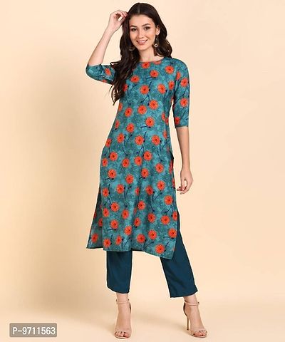 Kurti Pant Set for Women - Crepe Long Straight Printed Kurta with Pant