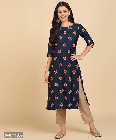 Kurti Pant Set for Women - Crepe Long Straight Printed Kurta with Pant