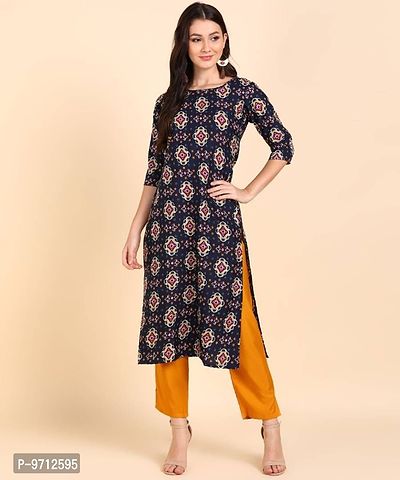 Kurti Pant Set for Women - Crepe Long Straight Printed Kurta with Pant